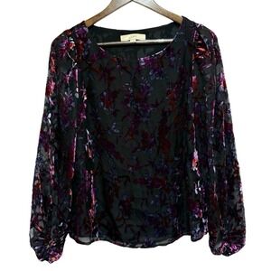 LOFT Blouse Womens XS Floral Velvet Burn Out Balloon Sleeve Whimsigoth Fairy Top